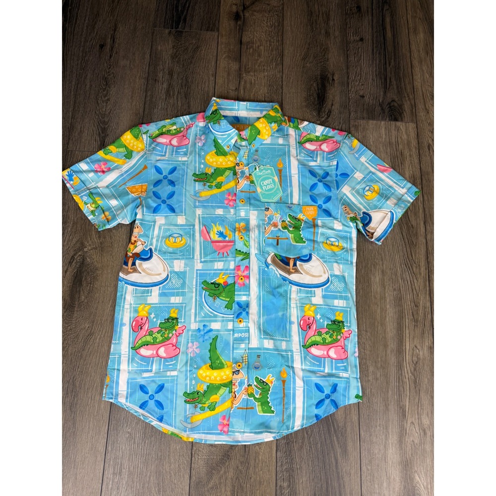 Park Candy Candy Floss Alligator Jet Ski Shirt Blue Large Tropical Tiki Disney